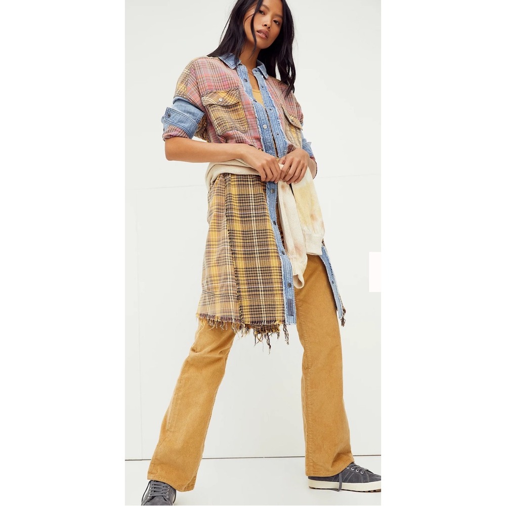 Blue B Plaid Duster Jacket Mixed Denim Patchwork Large